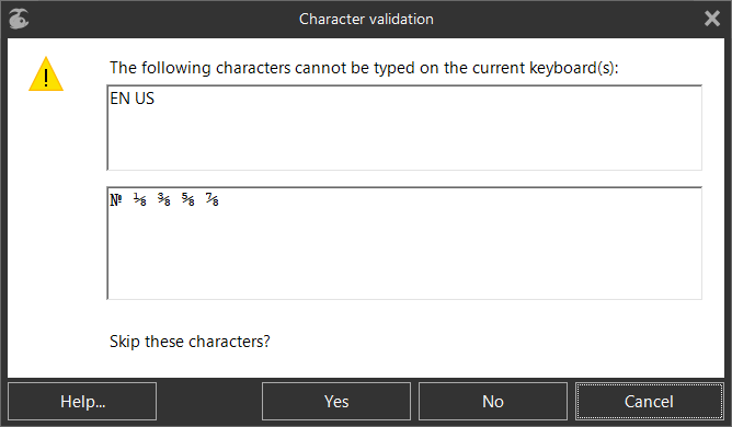 «Character Validation» dialog box