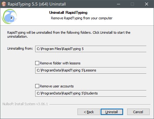 «Uninstall RapidTyping» dialog box