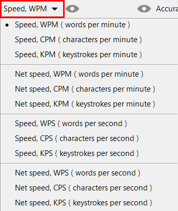 «Unit of typing speed» menu